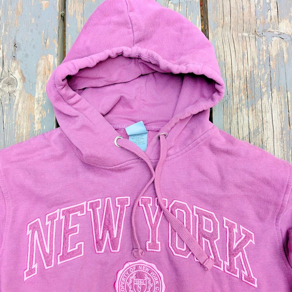 New York Embroidered Spellout Hoodie Plum Purple Faded Wash Boxy Pullover S